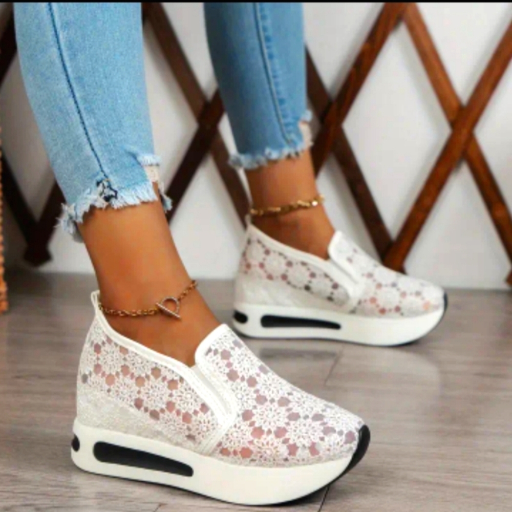 White Lace Slip-On Wedge Athletic Shoes for Women